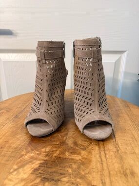 BCBGeneration Taupe Suede Peep-Toe Cutout Booties